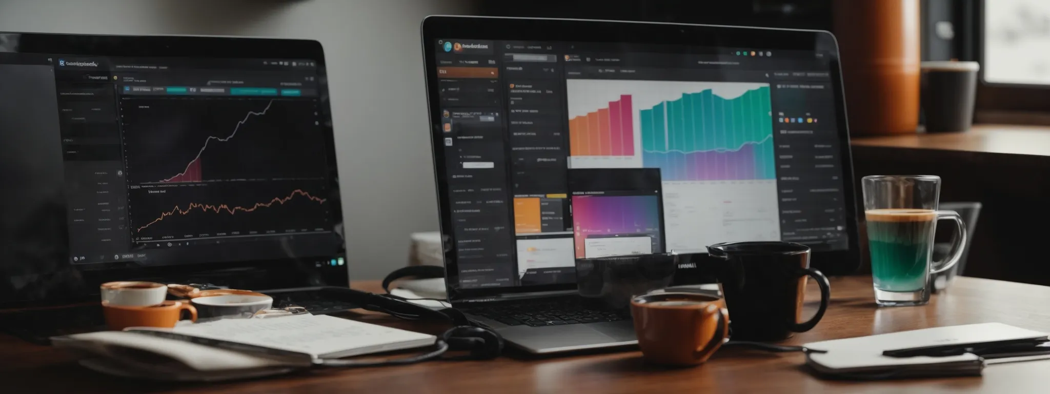 a desktop with an open laptop displaying colorful graphs and social media icons, alongside a cup of coffee and a notepad.