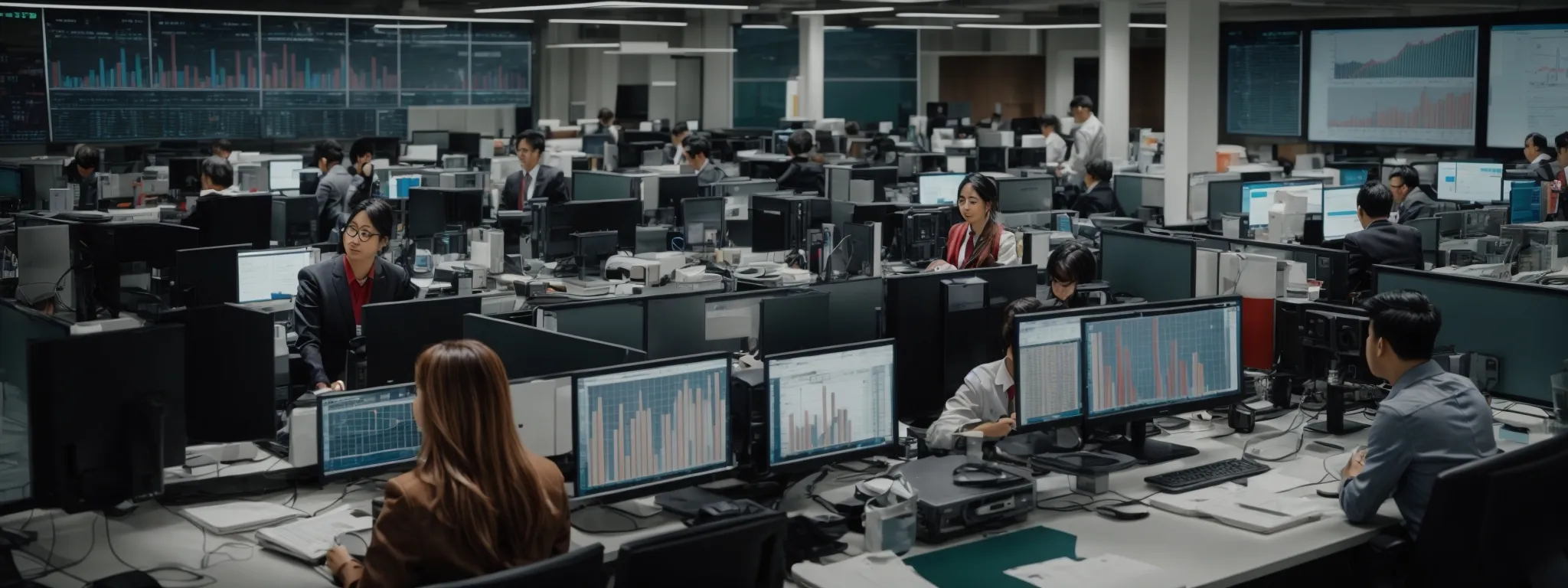 a bustling office with marketers discussing over computers displaying colorful graphs and charts.