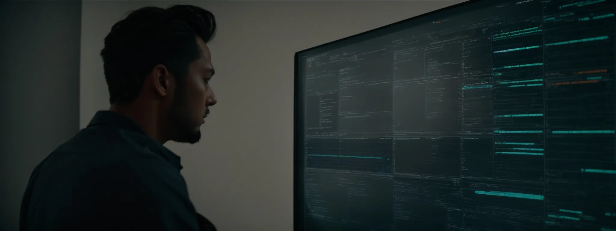 a strategist examines defaced website data on a screen to formulate a robust defense plan.
