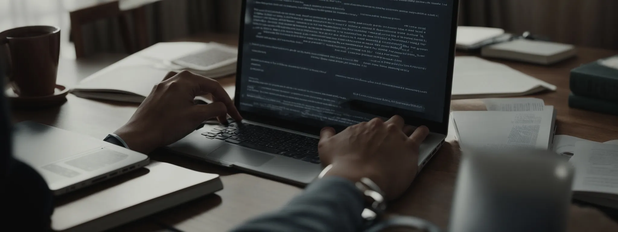 a person typing on a laptop with seo analytics on the screen surrounded by books on marketing and content strategy.