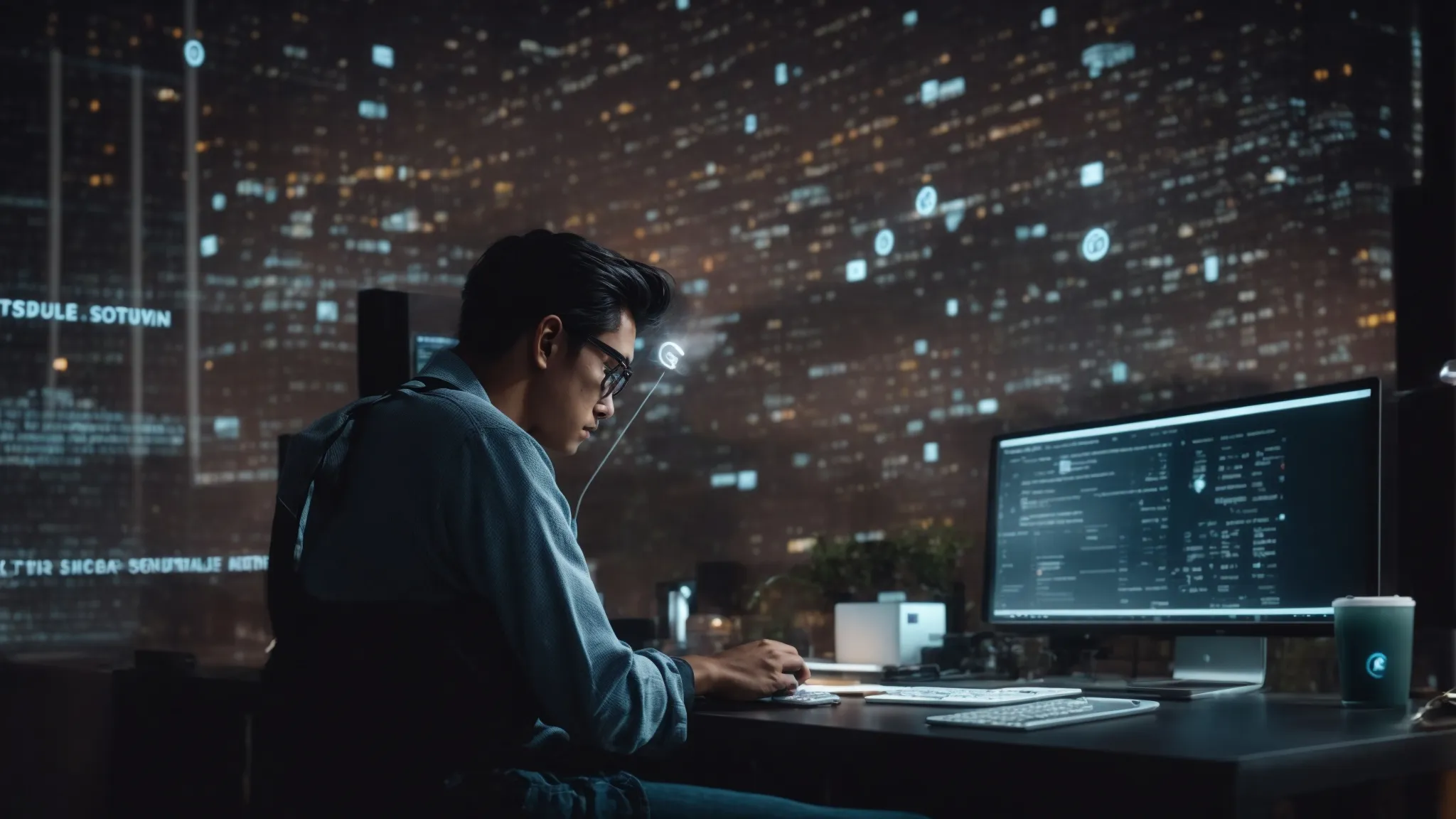 a person sitting at a computer with twitter's interface on the screen, surrounded by symbols representing seo like a magnifying glass and a chart indicating growth.