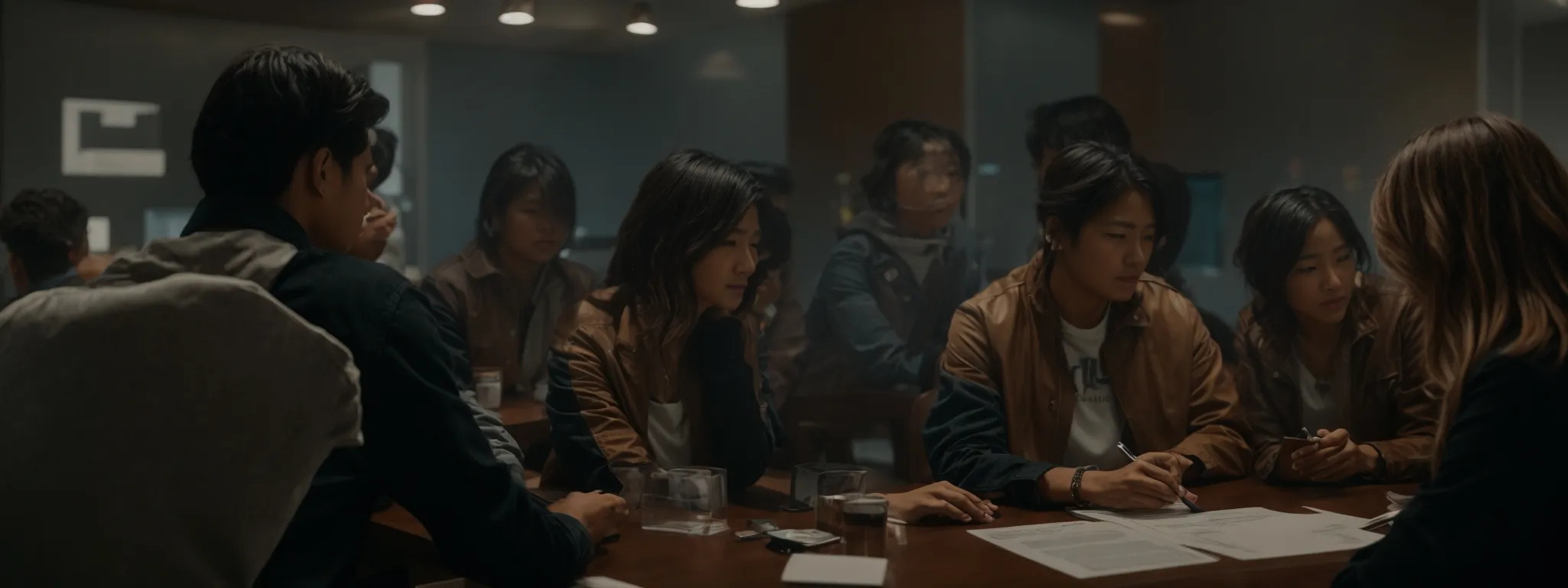 a group of engaged individuals collaborate around a table, brainstorming over a captivating brand storyboard.