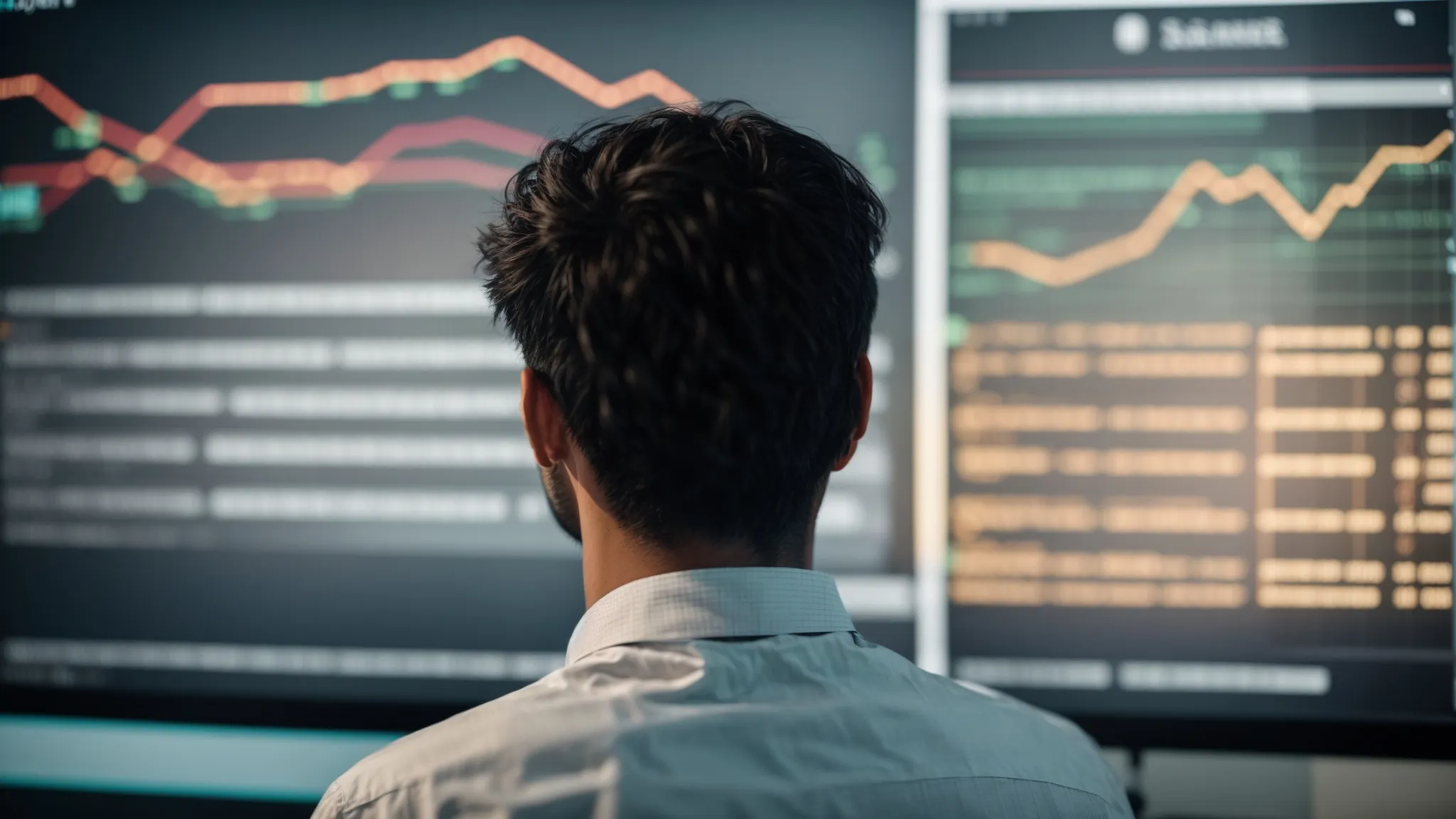 a data scientist observes a large screen displaying website sitemaps and seo analytics reports.