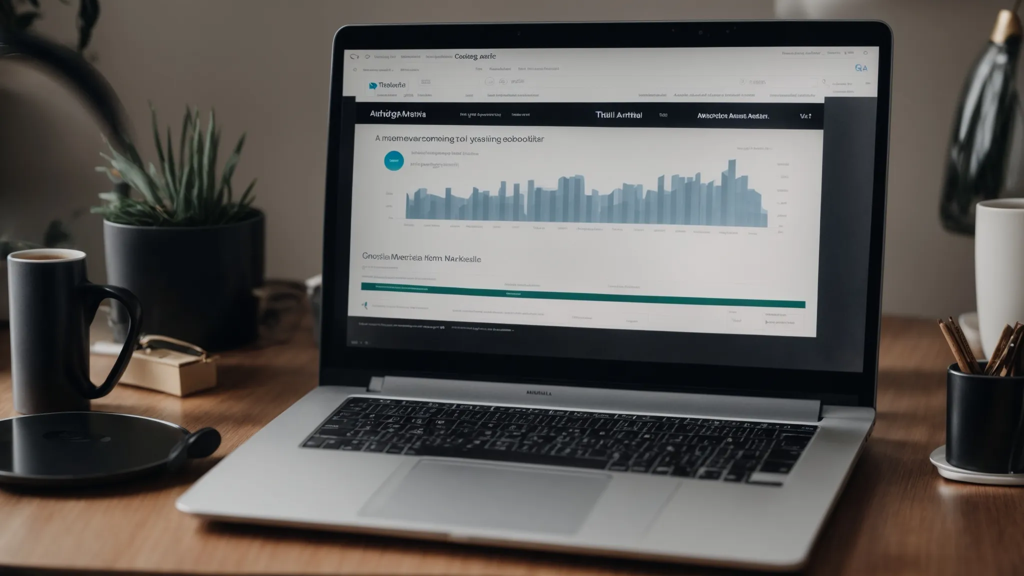 a laptop displaying a webpage next to digital marketing analytics on a screen.