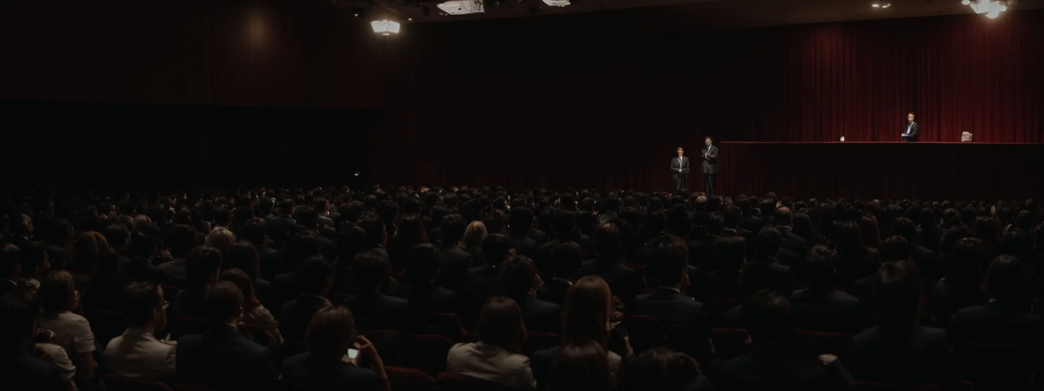 a person on a stage confidently presenting a seo strategy to an attentive audience.