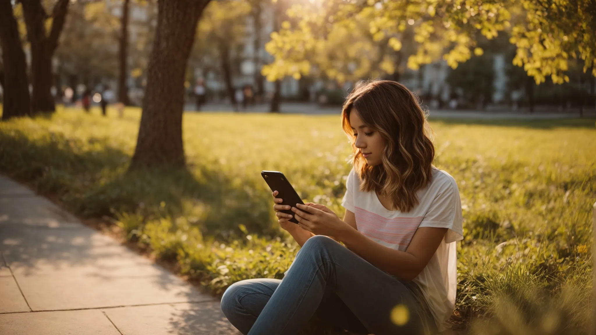 a woman gazes at colorful graphs and charts on her smartphone screen while sitting in a sunlit park.