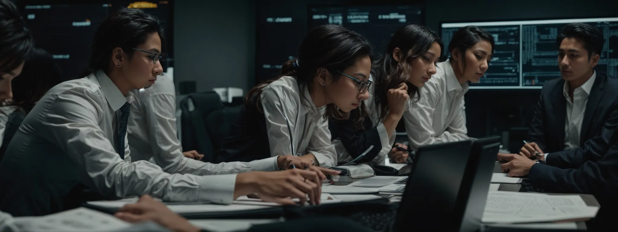 a group of professionals intently observes complex analytics on a computer screen, discussing optimization strategies.