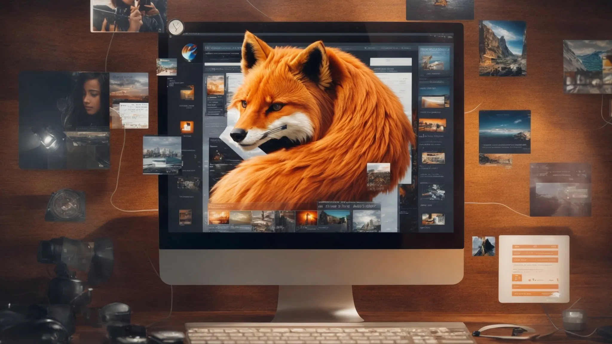 a person optimizing a website on a computer with a firefox browser open, surrounded by icons representing shortcuts and seo tools.