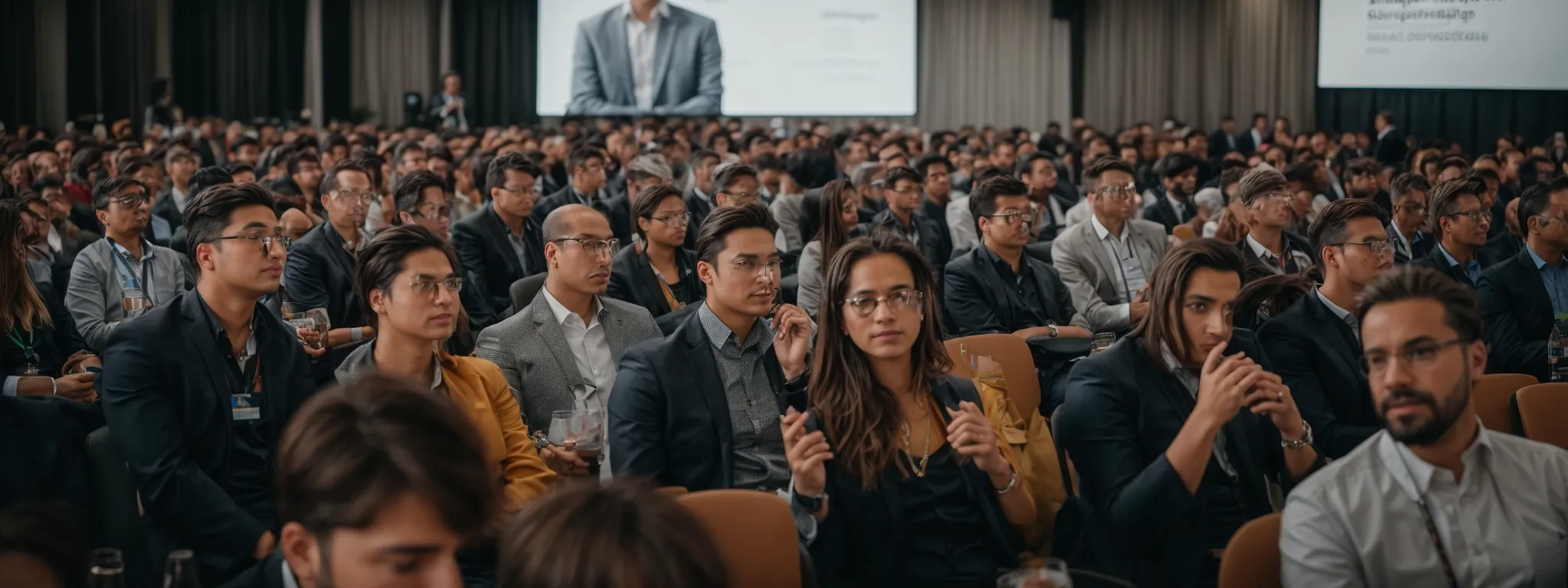 attendees engage attentively at a german seo conference with a prominent expert presenting digital marketing strategies.
