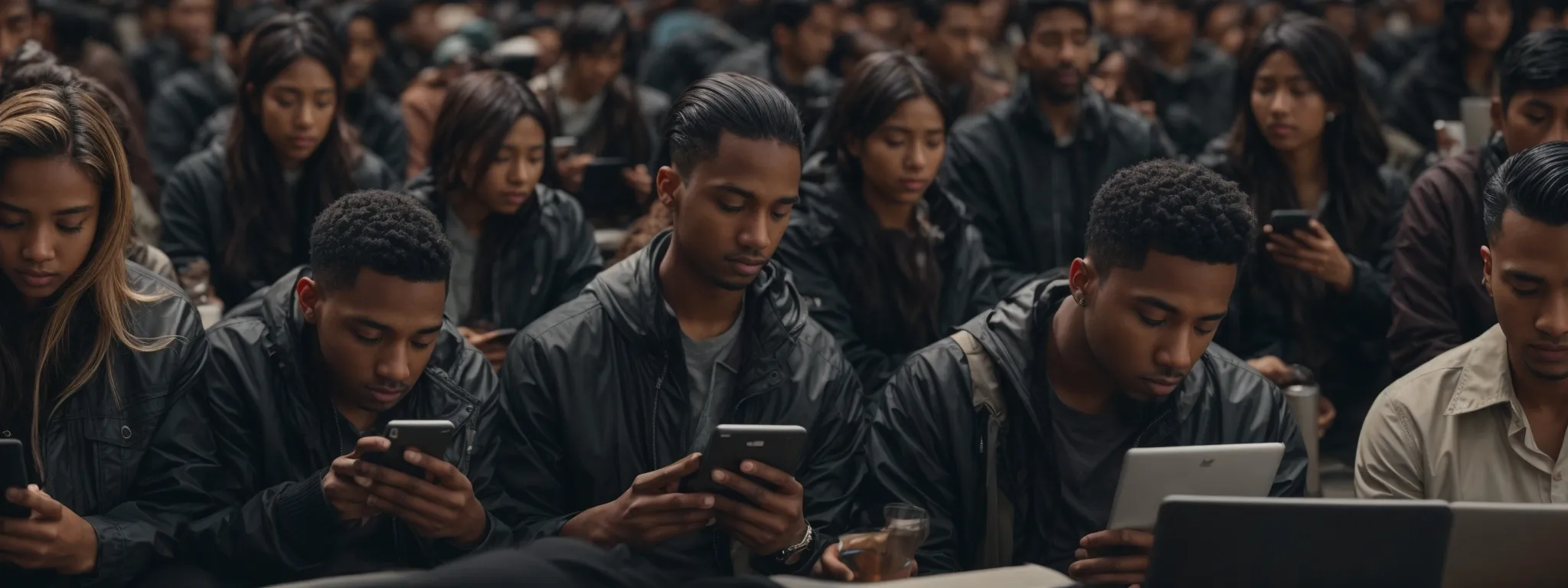 a wide array of diverse individuals engrossed in scrolling through google search results on their devices, symbolizing the tech giant's pervasive influence on information access.