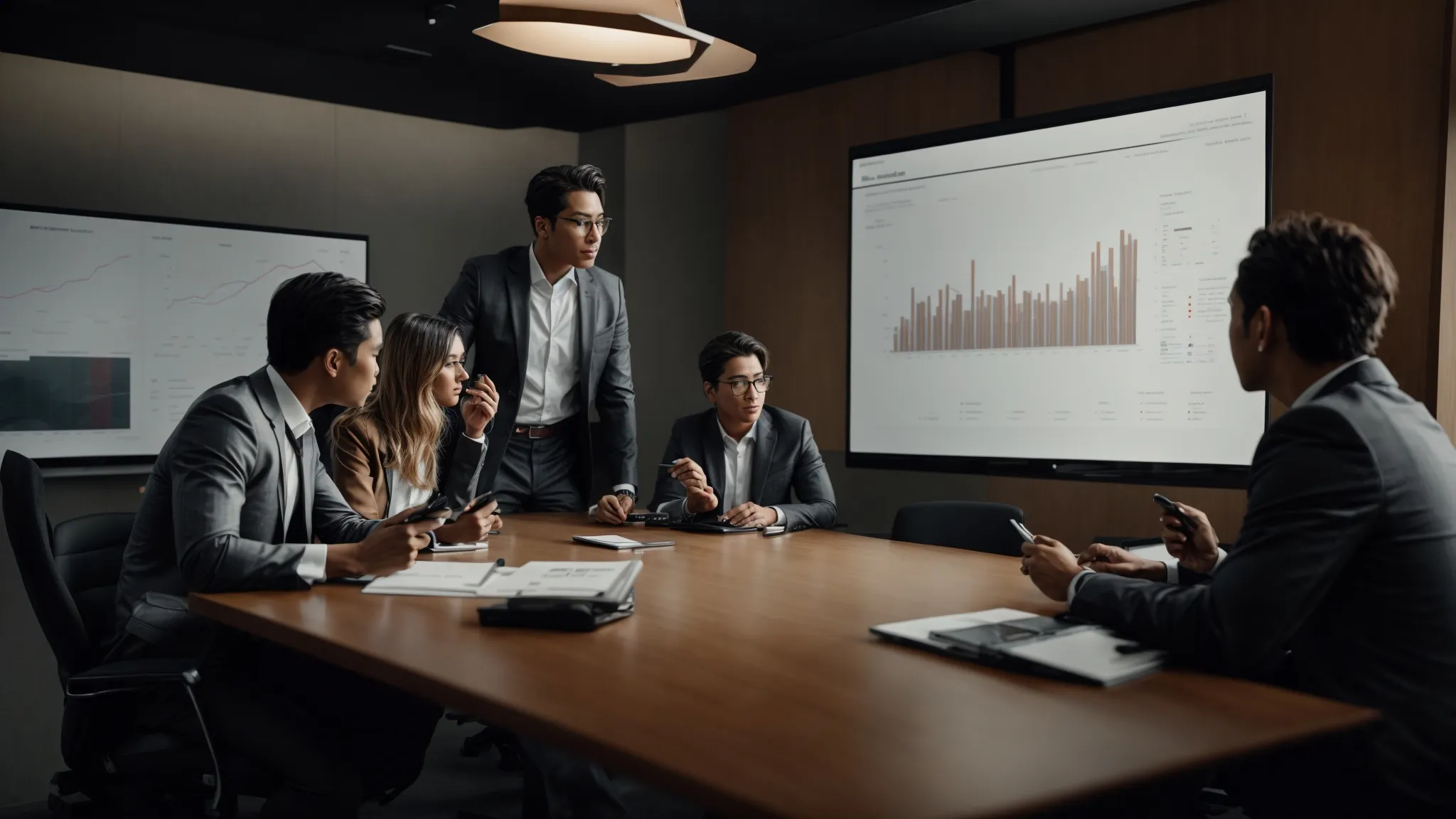 a marketing team discusses strategies around a conference table with a visible graph charting website traffic growth.