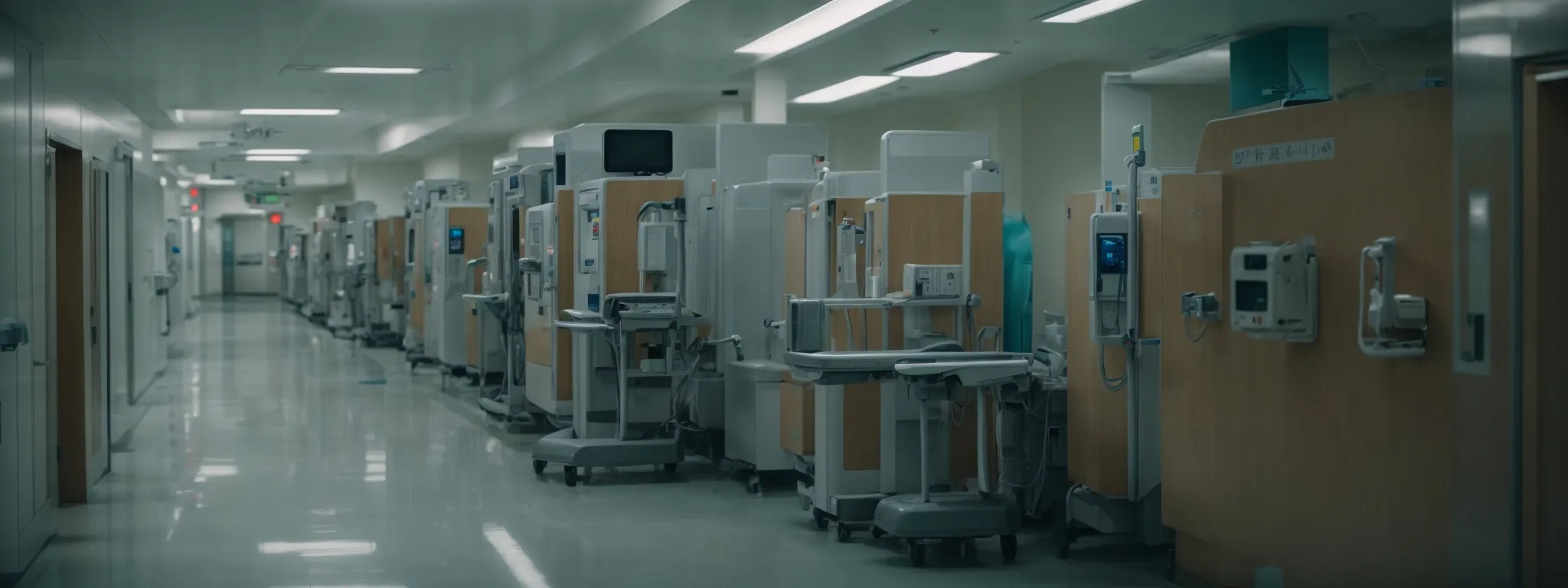 a hospital corridor with futuristic medical equipment on one side and a long billing queue on the other reflects the contrasting realities of innovation and accessibility in healthcare.