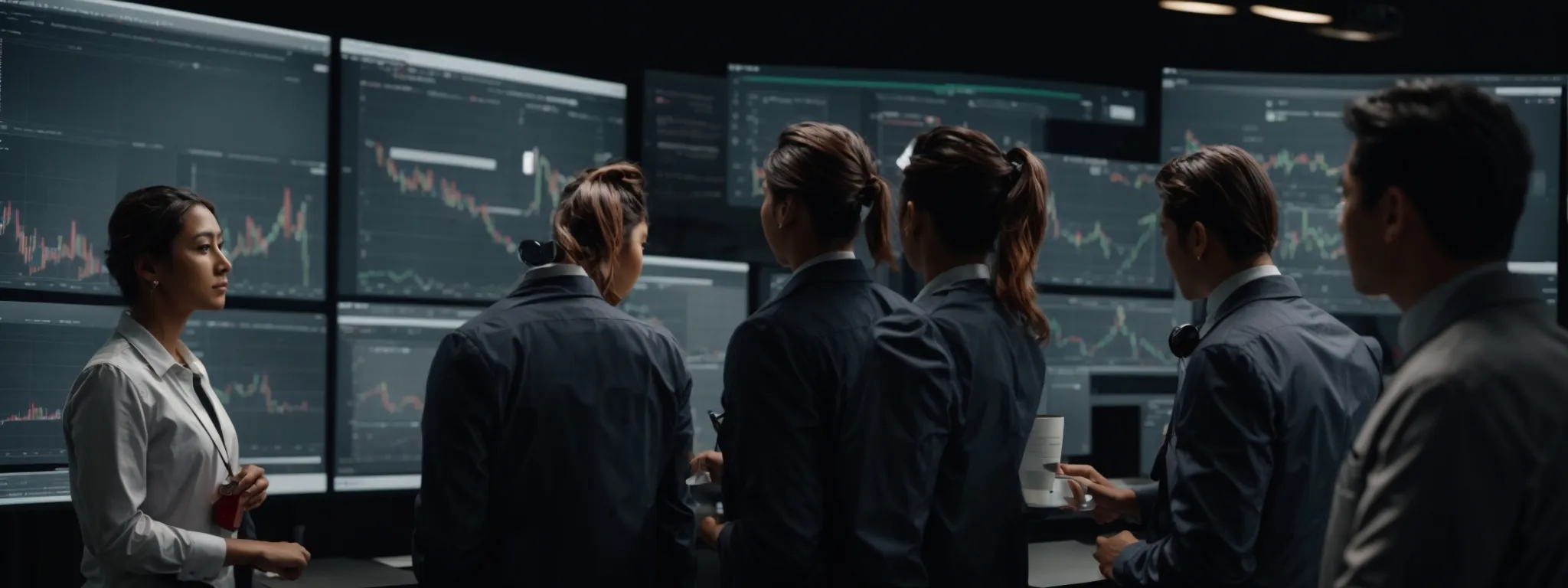 a diverse group of marketers is engaged in a collaborative, high-tech presentation, analyzing charts and growth figures on a digital screen.