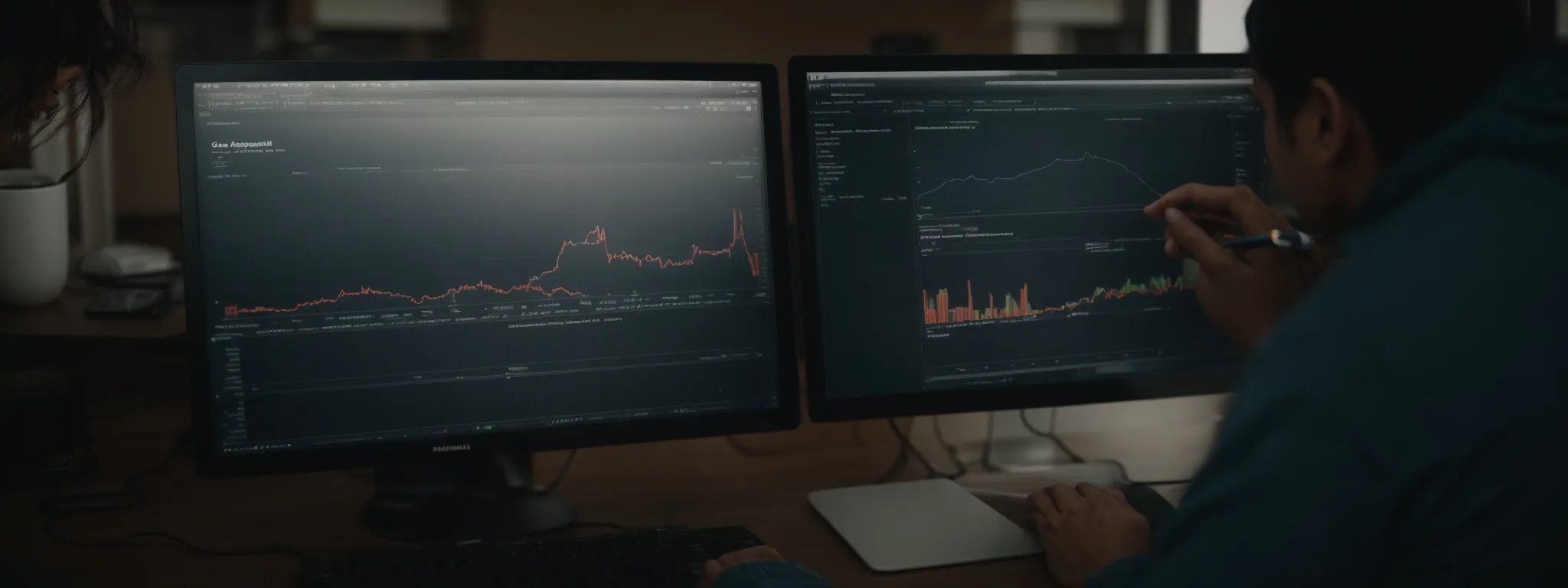 Person analyzing financial data and graphs on two computer monitors at a desk.