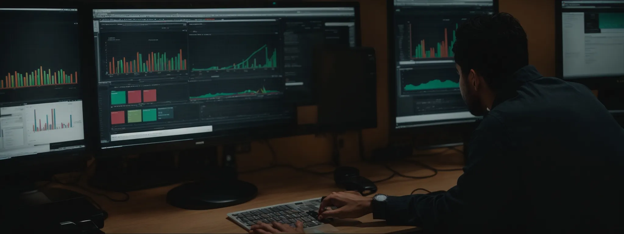a digital marketer attentively analyzes a computer screen displaying a website's analytics dashboard.