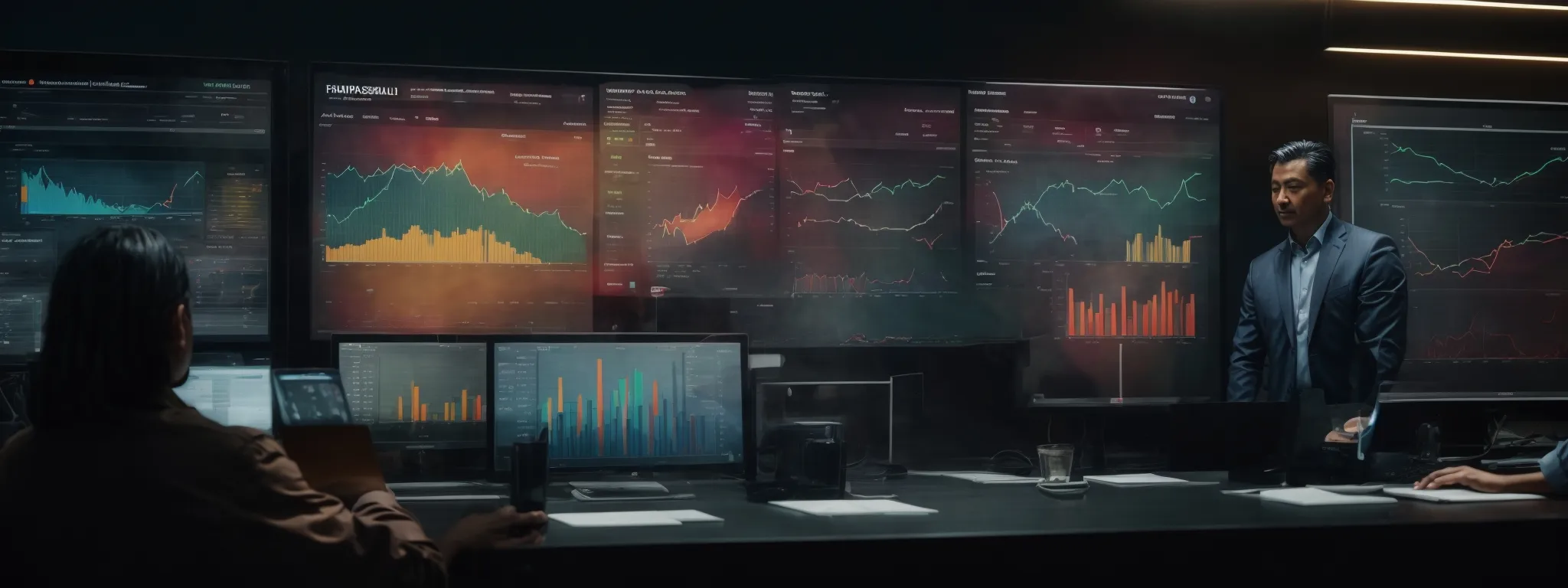 an executive team reviews a vibrant digital dashboard highlighting various revenue streams.