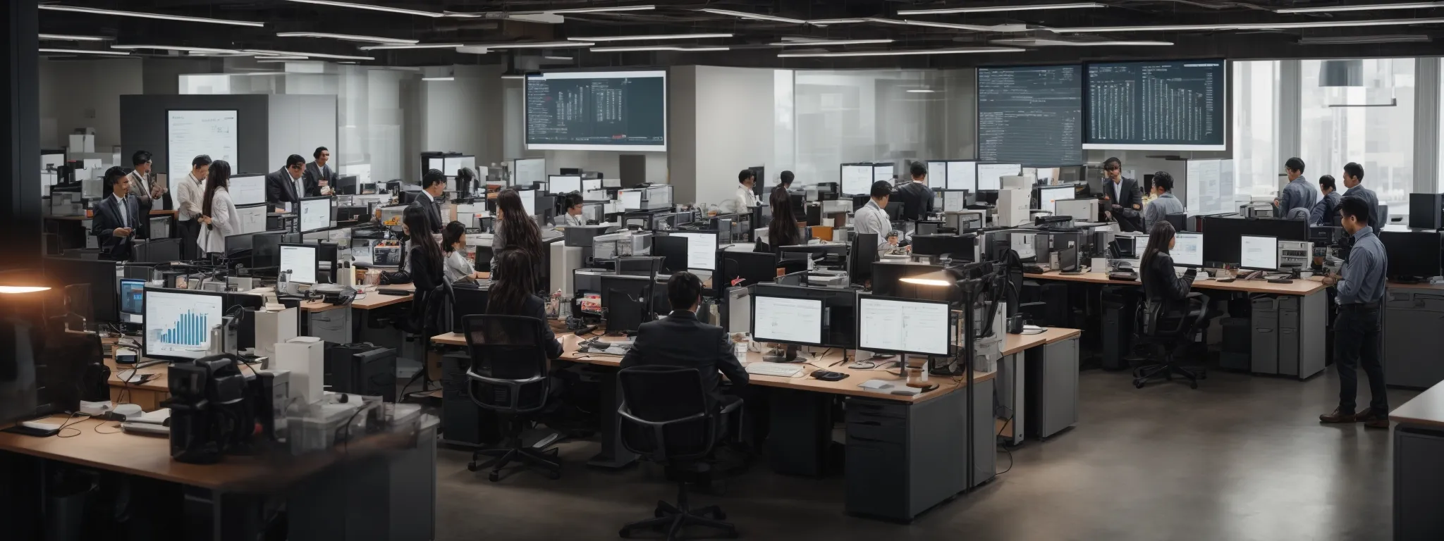 a bustling office with professionals discussing over a large digital analytics dashboard displaying website metrics.