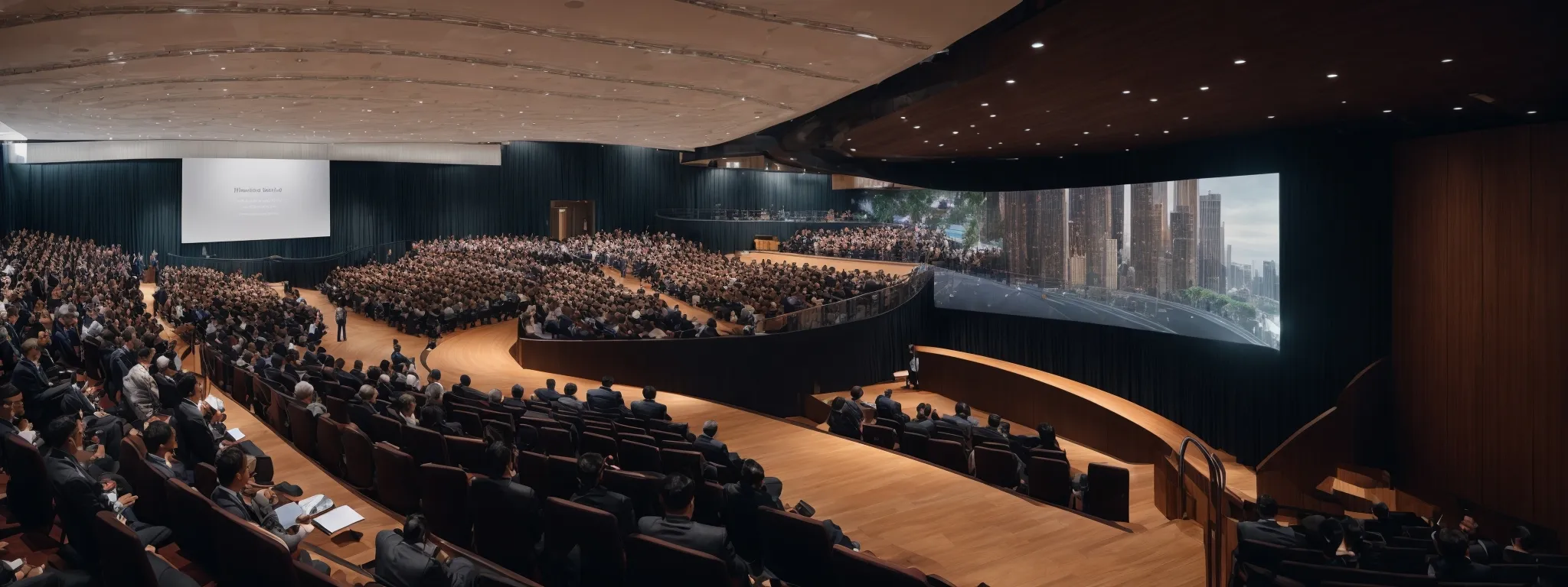 a panoramic view of a modern conference hall where a keynote speaker presents on a large screen, demonstrating the latest content marketing strategies to an attentive audience.