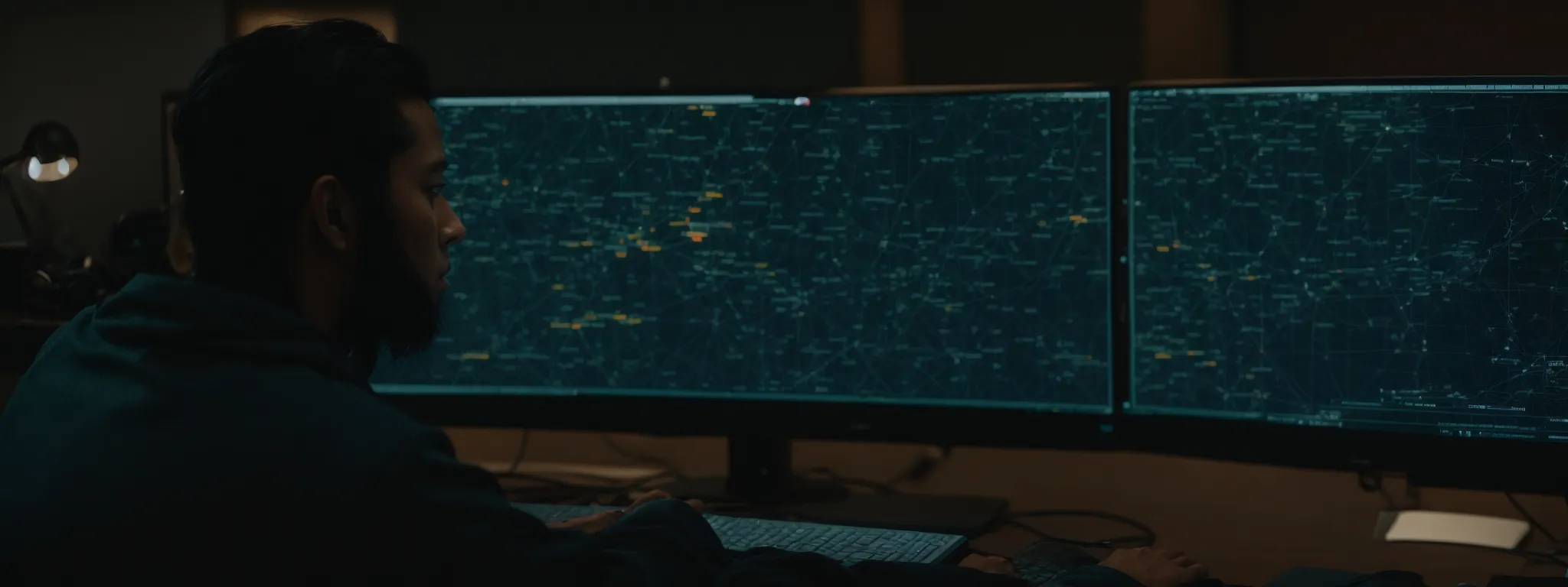 a person sits at a desk, intently studying a computer screen that displays a complex web interface with interactive elements.