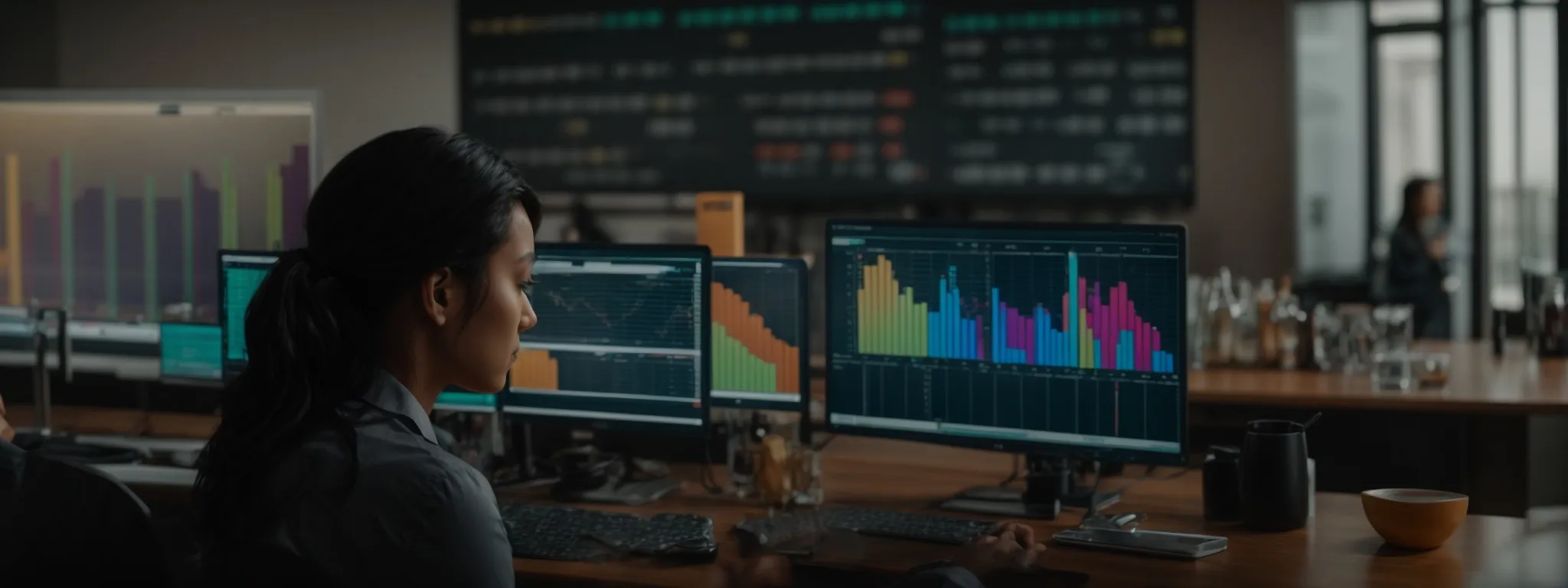 a marketer analyzing a colorful bar graph on a computer screen to determine the effectiveness of different cta strategies.