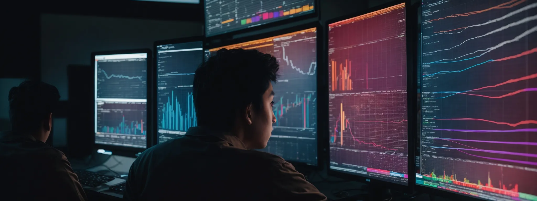 a person intently analyzing colorful charts and graphs on a computer screen, illustrating complex data processing.