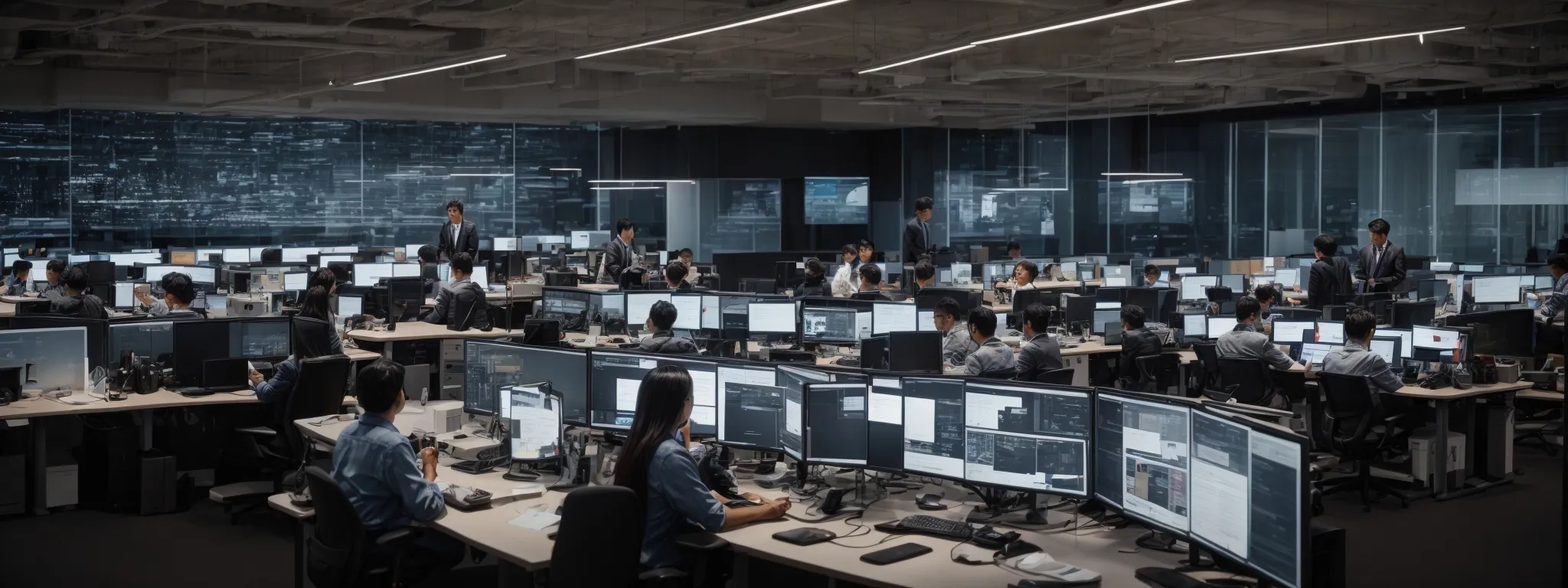 a wide-angle view of a bustling open-plan office with diverse teams collaborating around computer workstations against a backdrop of large screens displaying graphs and analytics.
