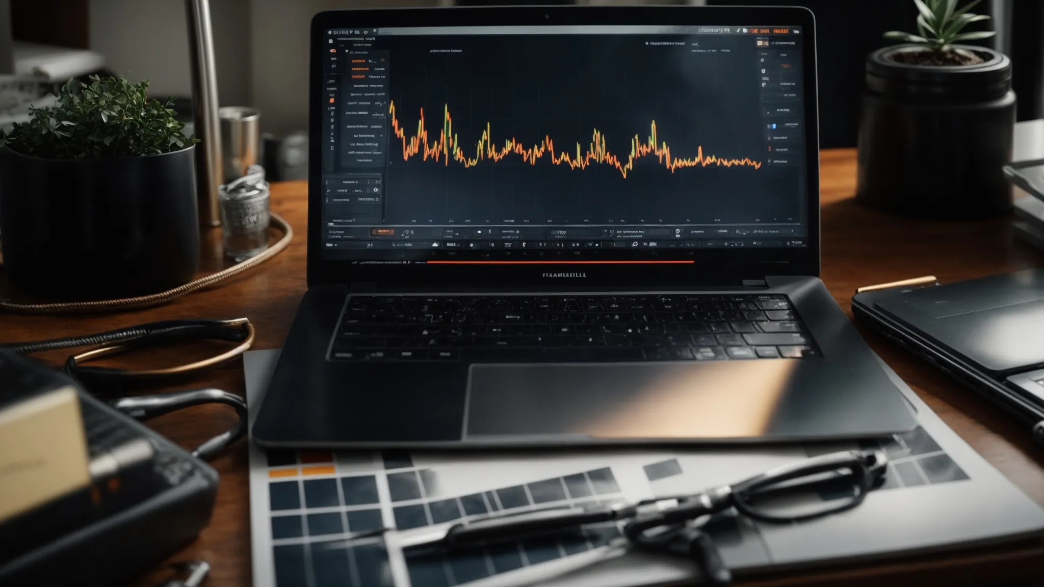 a laptop on a table displaying graphs and charts, flanked by tools and a solar panel in the background.