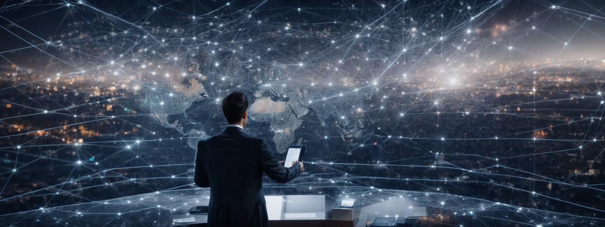 a webmaster is organizing a network of domain connections on a virtual screen, symbolizing the strategic planning of seo and link distribution.