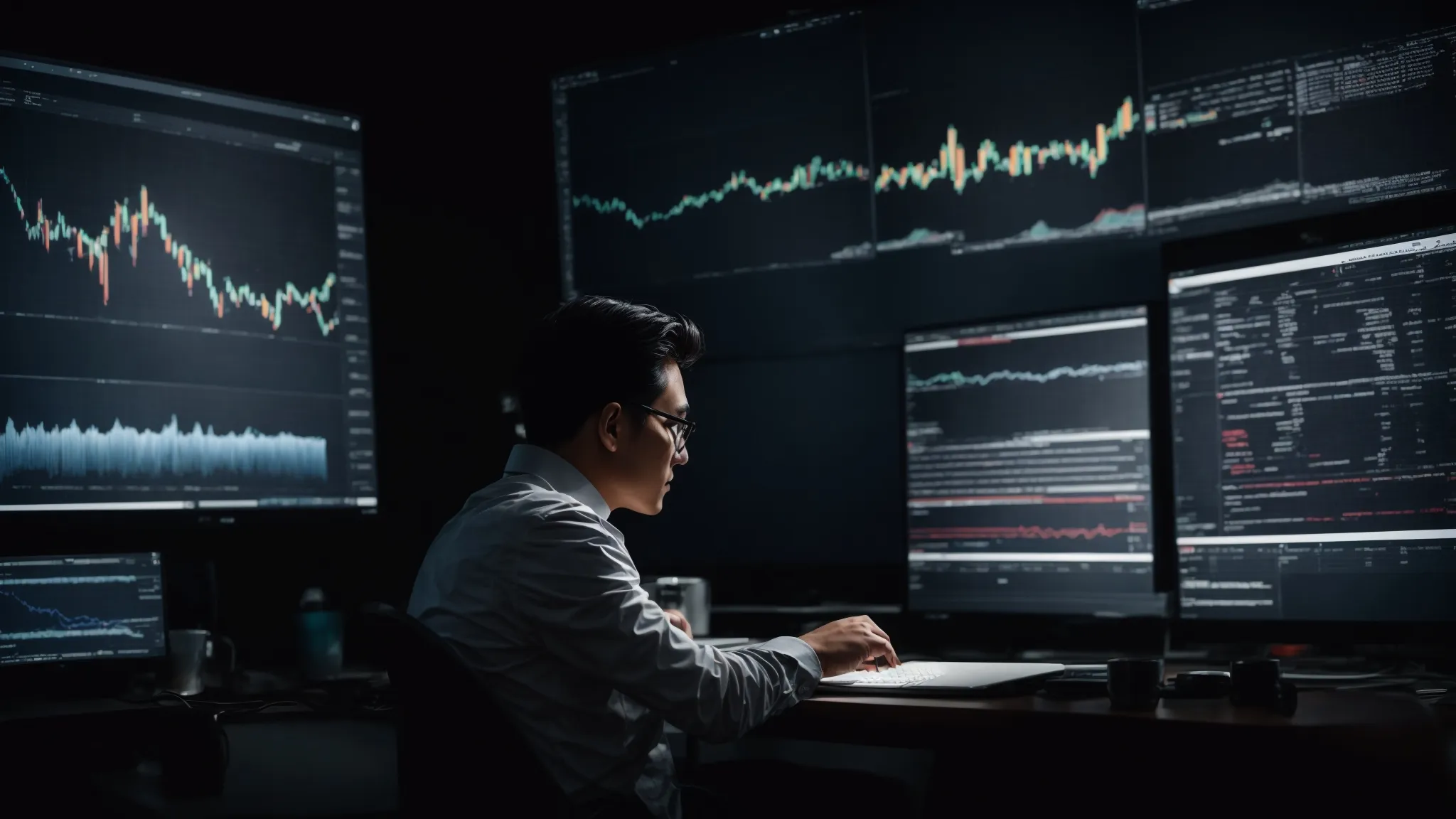 a person sitting in front of a computer, analyzing analytics graphs on the screen, embodying the strategic planning to rank at the top of search results.