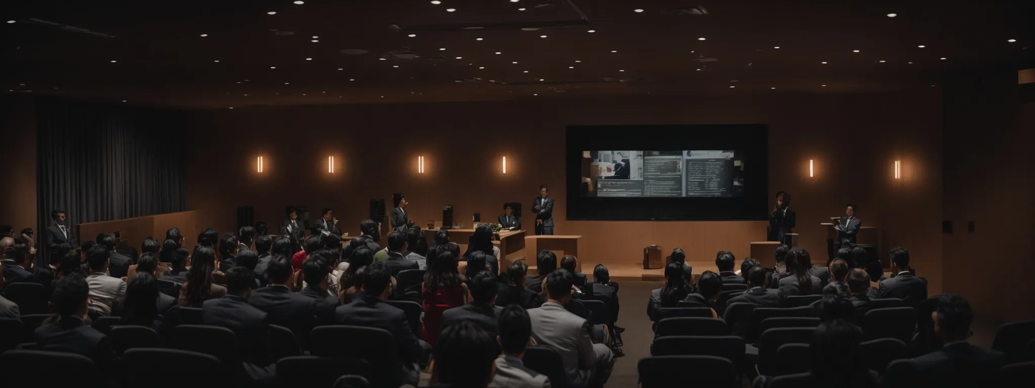 a confident individual delivering an engaging presentation to a captivated audience in a modern conference room.