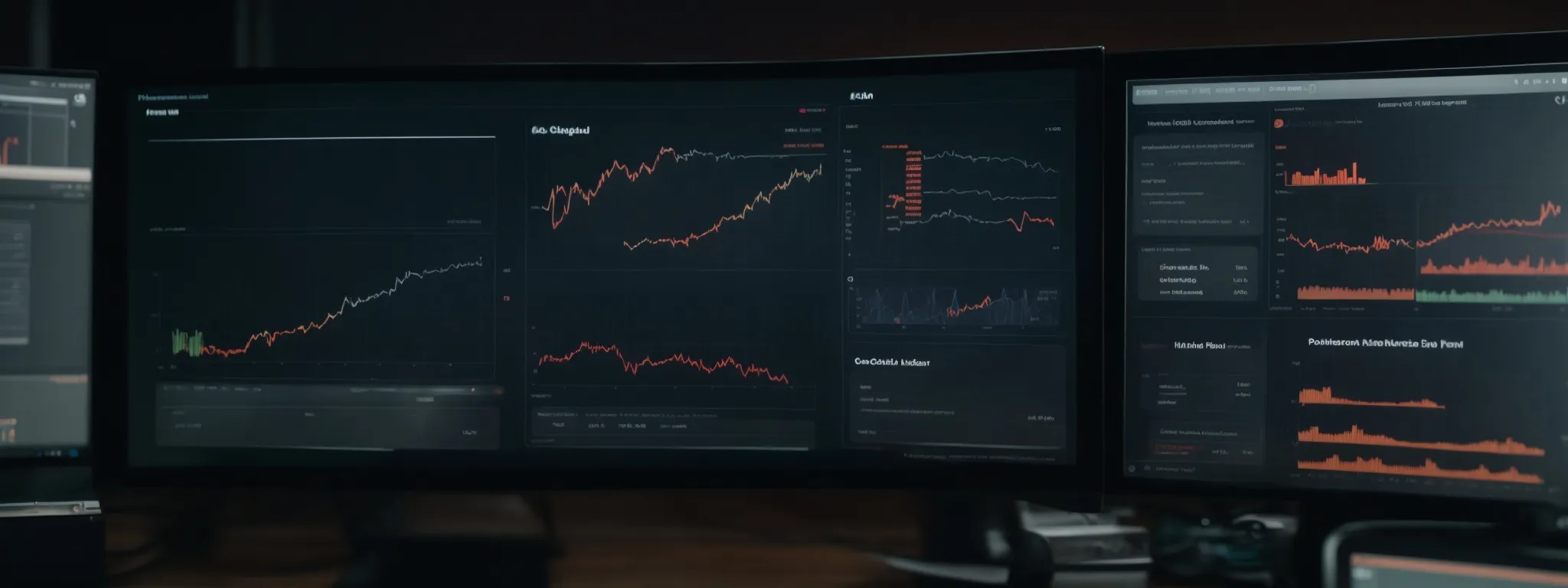 A computer monitor displays multiple financial charts and graphs with various trend lines, data points, and statistics on a dark background.