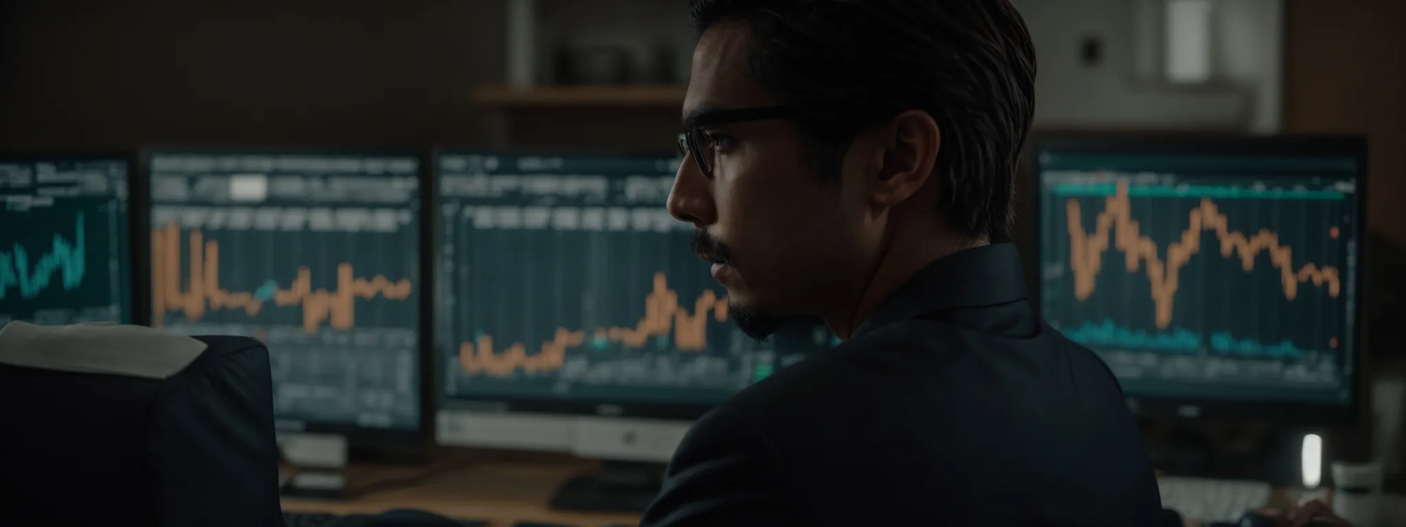 a focused executive analyzing complex graphs and data on a computer screen which reflect seo performance metrics.