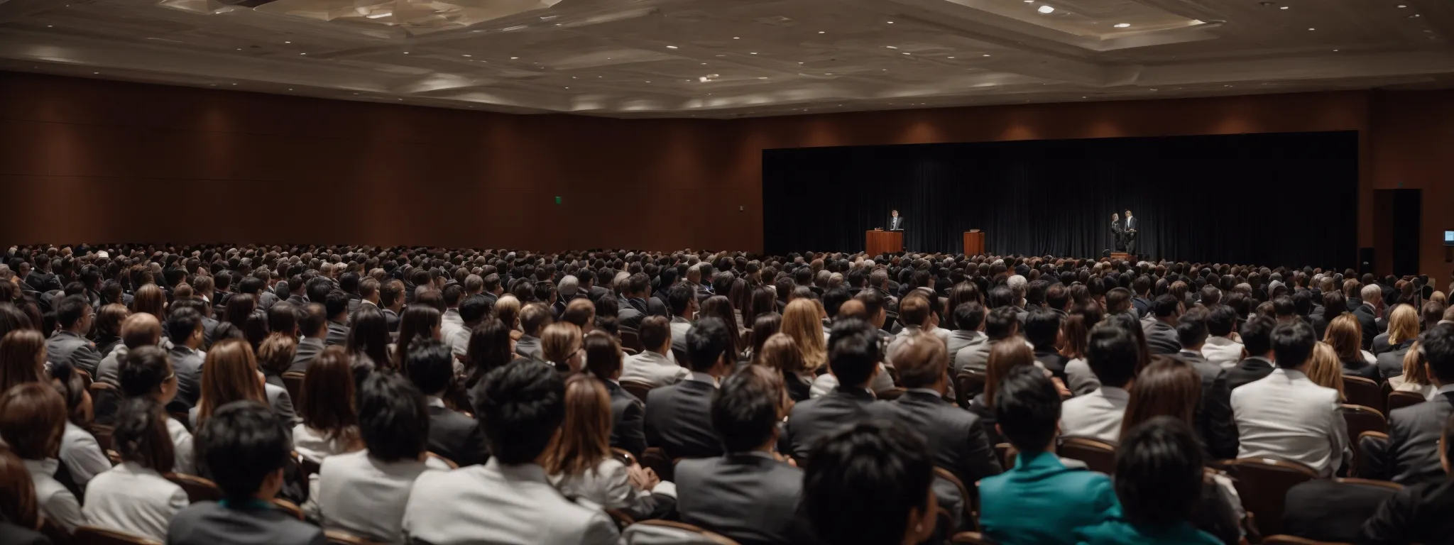 a professional delivering a dynamic presentation to an engaged audience at a conference.