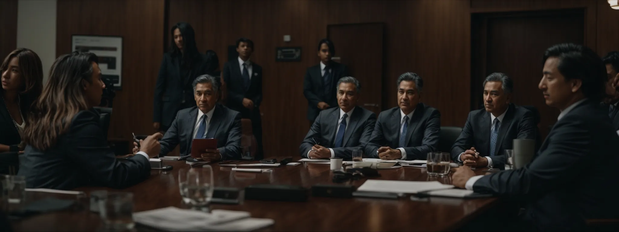 a group of professionals gathered around a conference table, actively engaging in a strategy discussion.