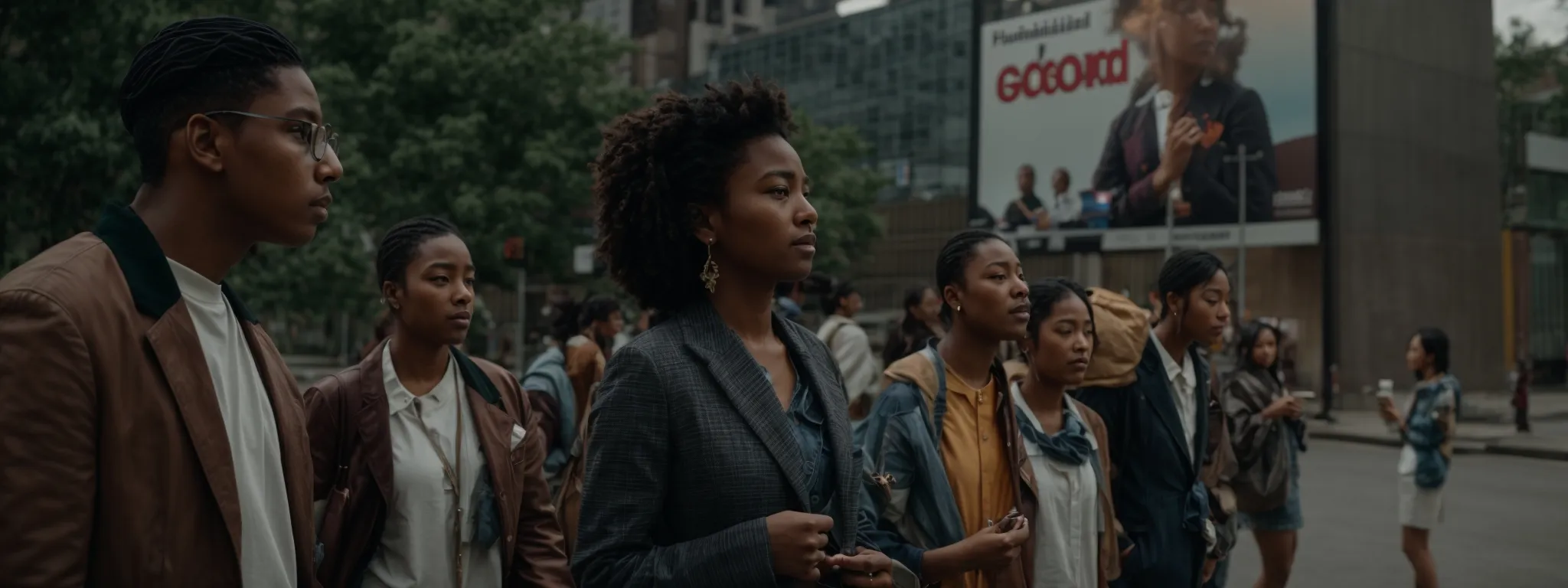 a group of diverse people contemplating a large billboard showcasing an eco-friendly brand initiative.