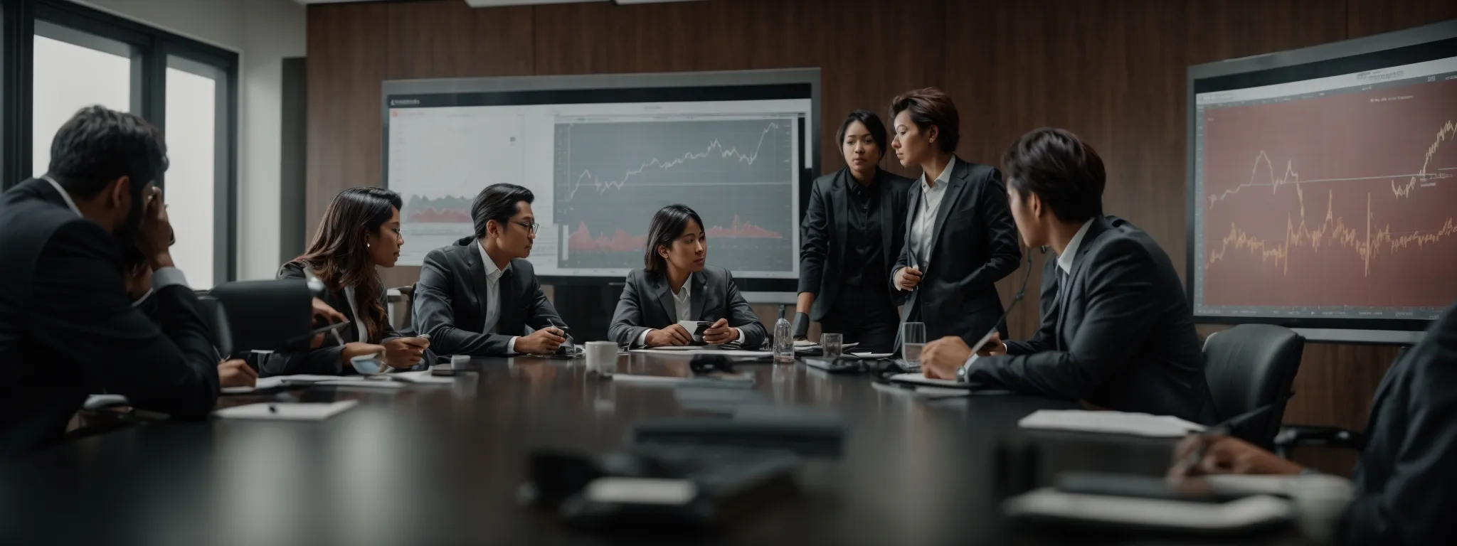 a diverse group of professionals gather around a conference table, intently analyzing charts and graphs on a large presentation screen.