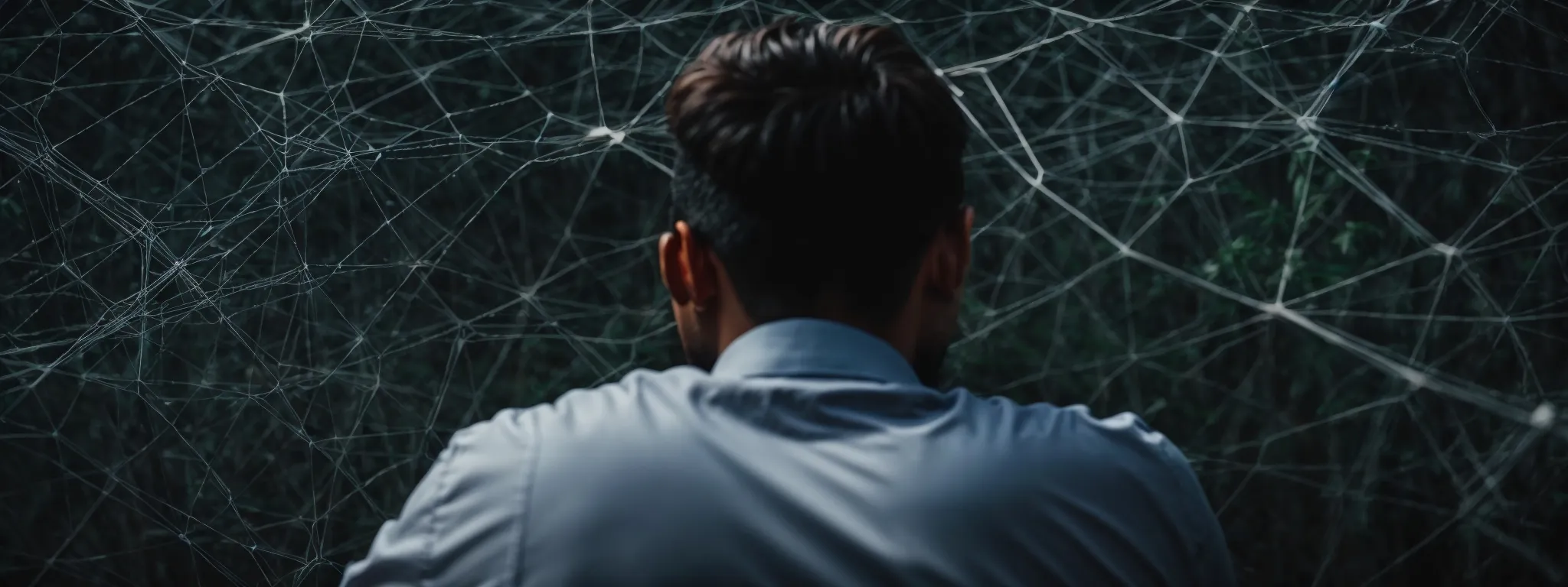 A man seen from behind stands facing a dense network of spider webs or strings in a dark, outdoor setting.