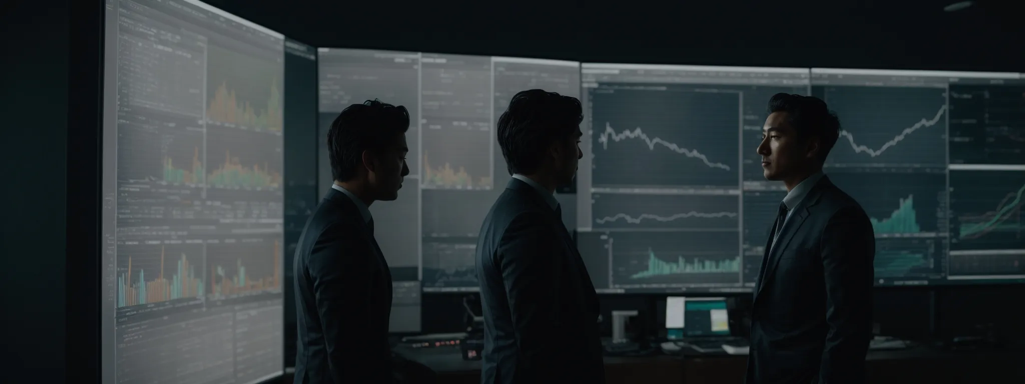 two professionals discussing strategies over a digital screen illuminating a web layout and analytics data.