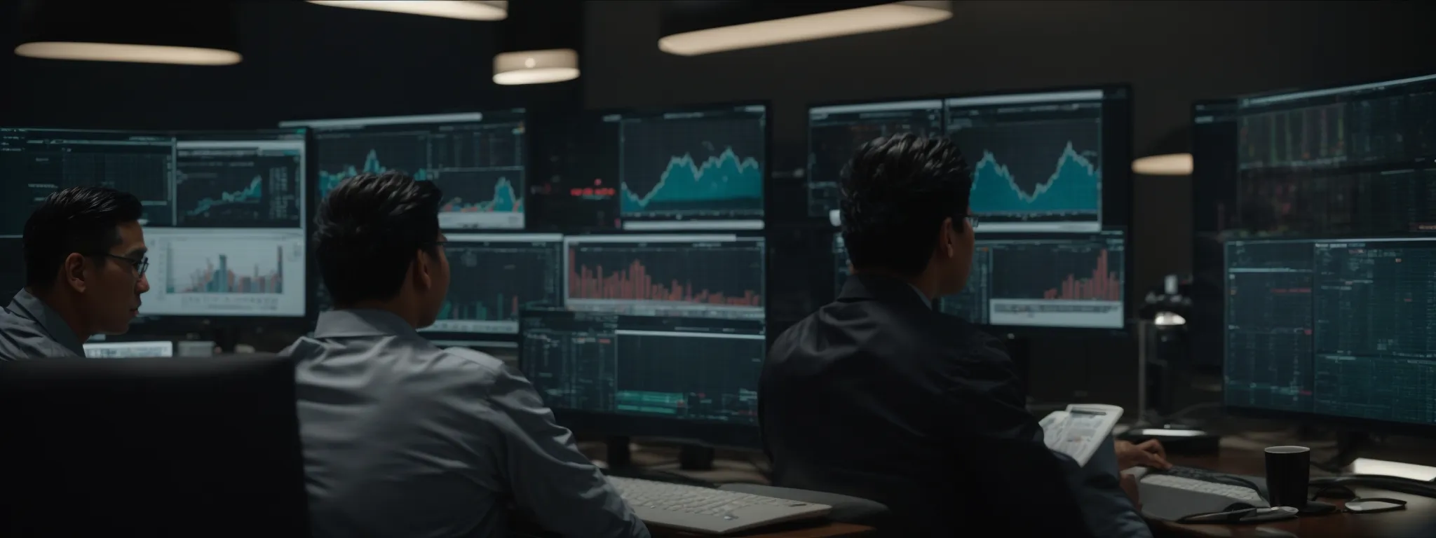 a team of seo professionals intently scrutinizes a large computer screen displaying website analytics.