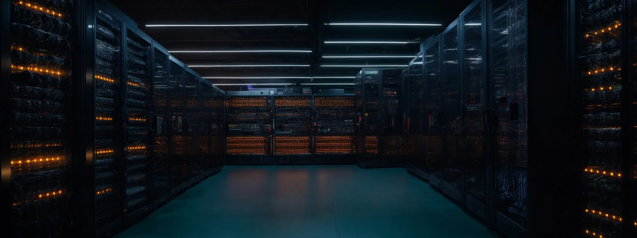a server room with racks of network equipment and glowing led lights indicating active data processing.