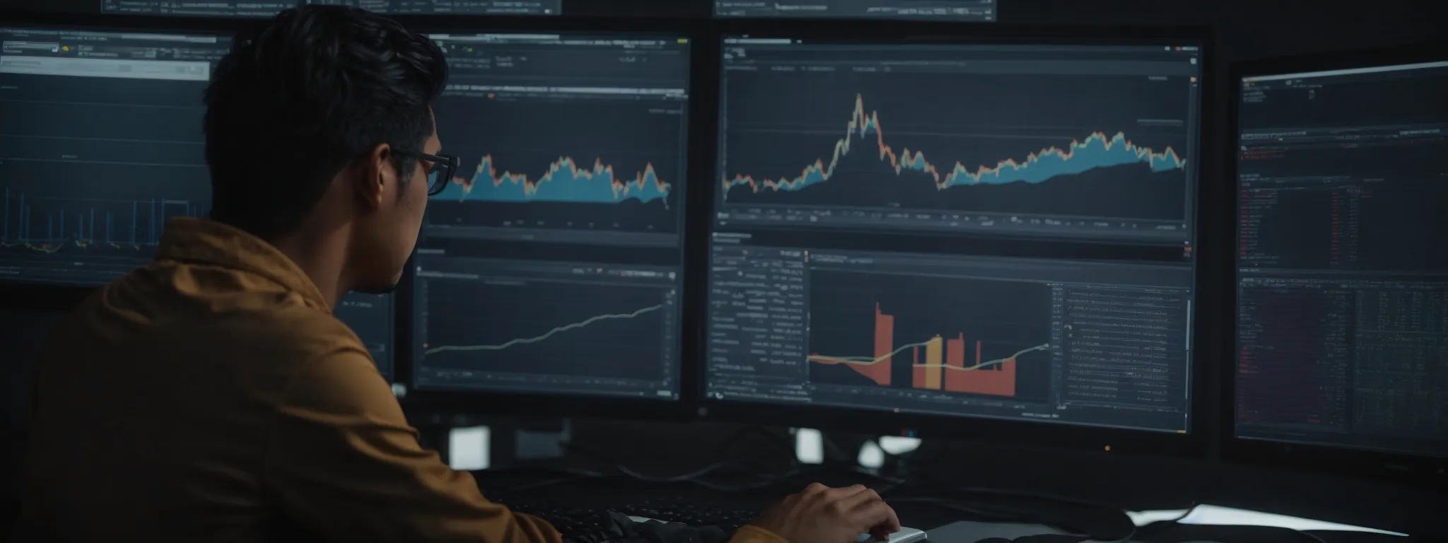 a person intently analyzes graphs and charts on a computer screen, reflecting real-time search trend data.