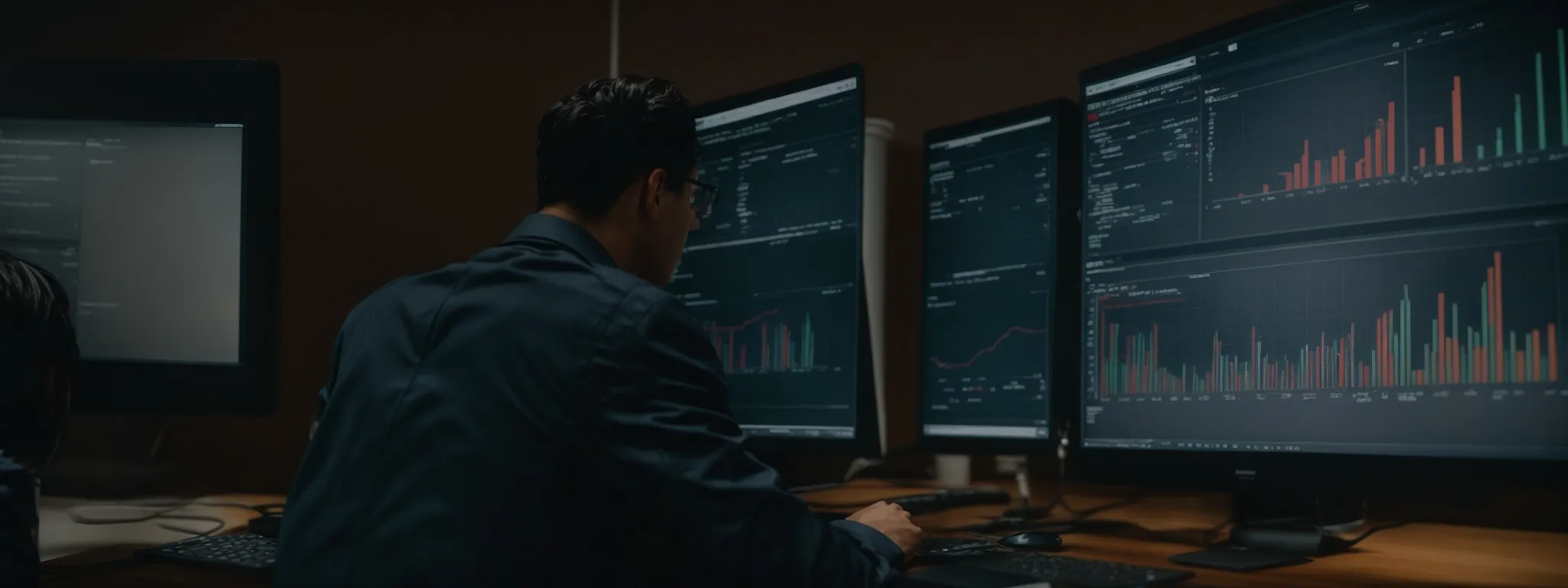 a marketer analyzing a graph on a computer screen showing website performance metrics.