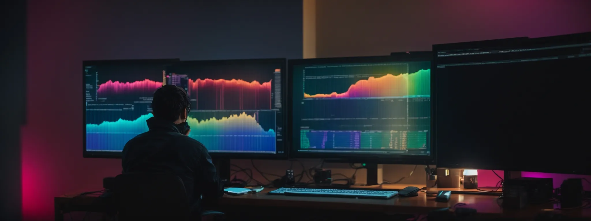 a marketer intently observes a computer screen displaying a colorful heatmap overlay on a website analytics page.