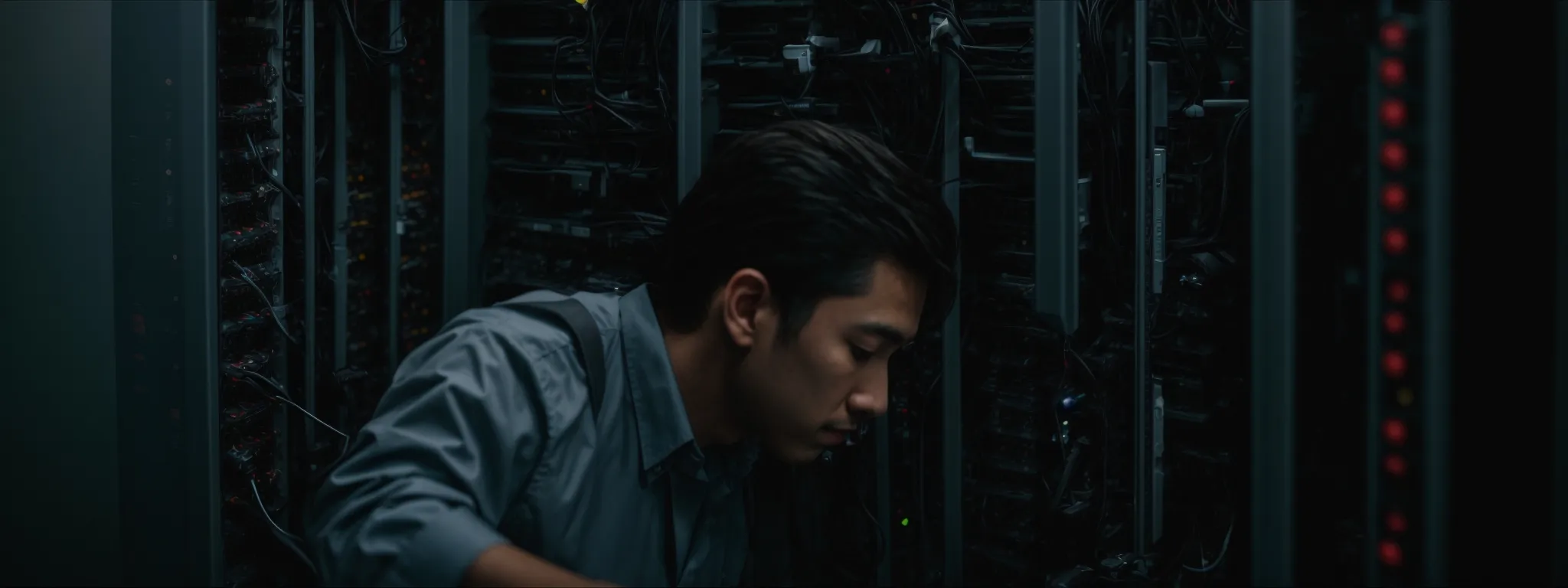 a webmaster analyzes a server rack to optimize website structure for better search engine crawling.