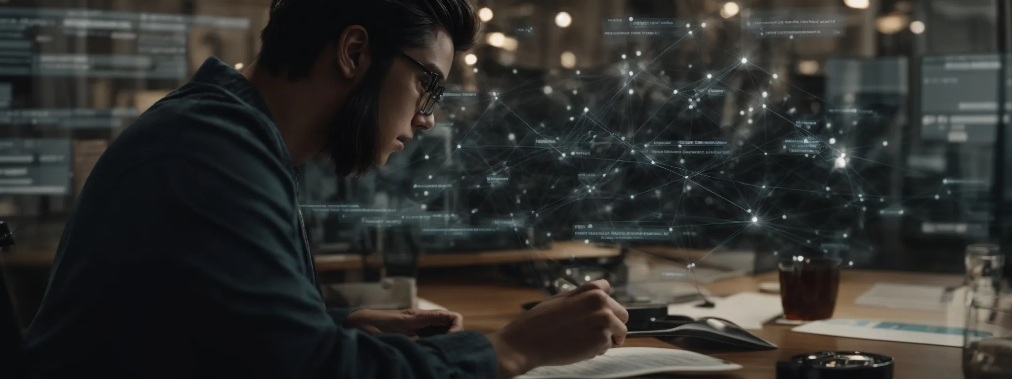a focused writer interacts with an interface displaying interconnected content clusters symbolizing seo strategy.