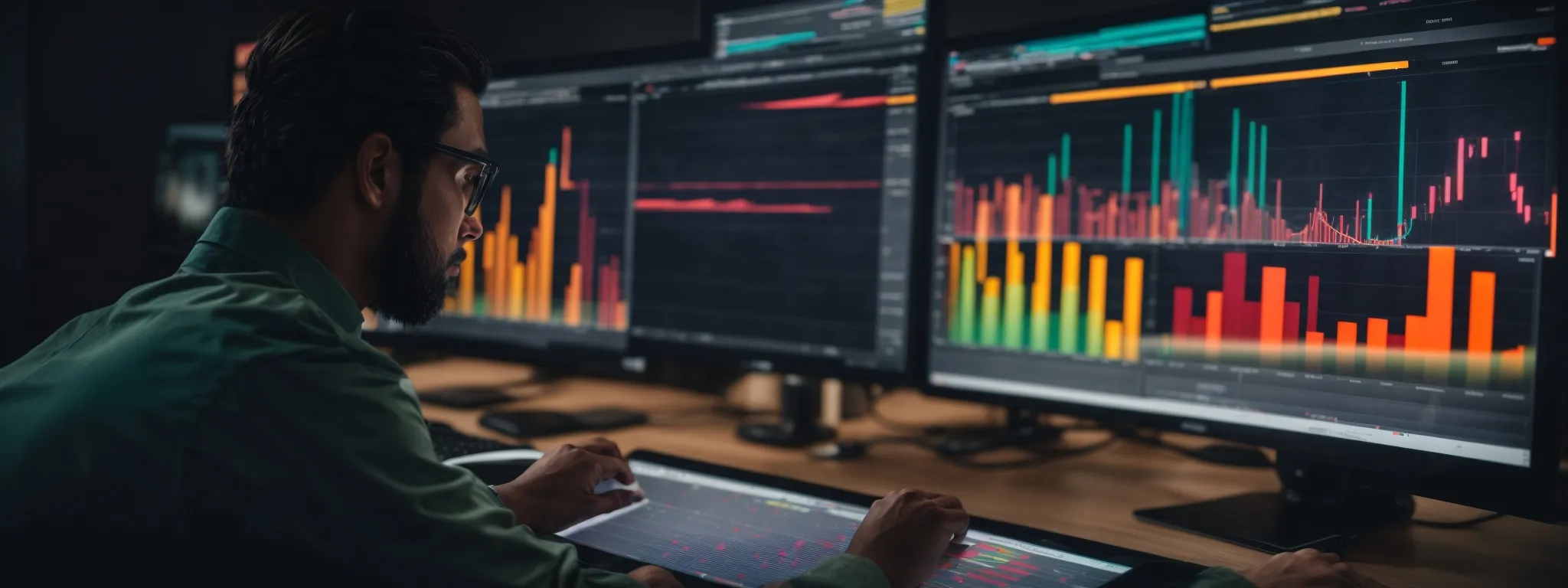 a person analyzing colorful graphs and charts on a computer screen reflecting seo and keyword research data.