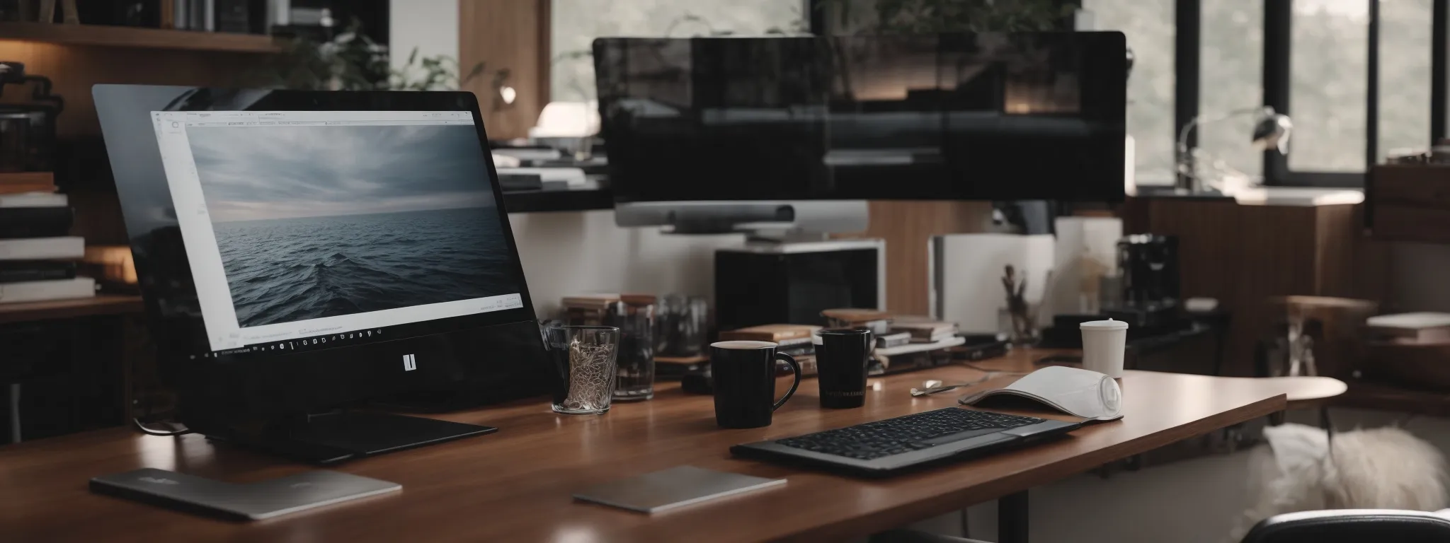 a well-lit, modern home office with a computer displaying a home design software interface and a coffee cup on the desk.