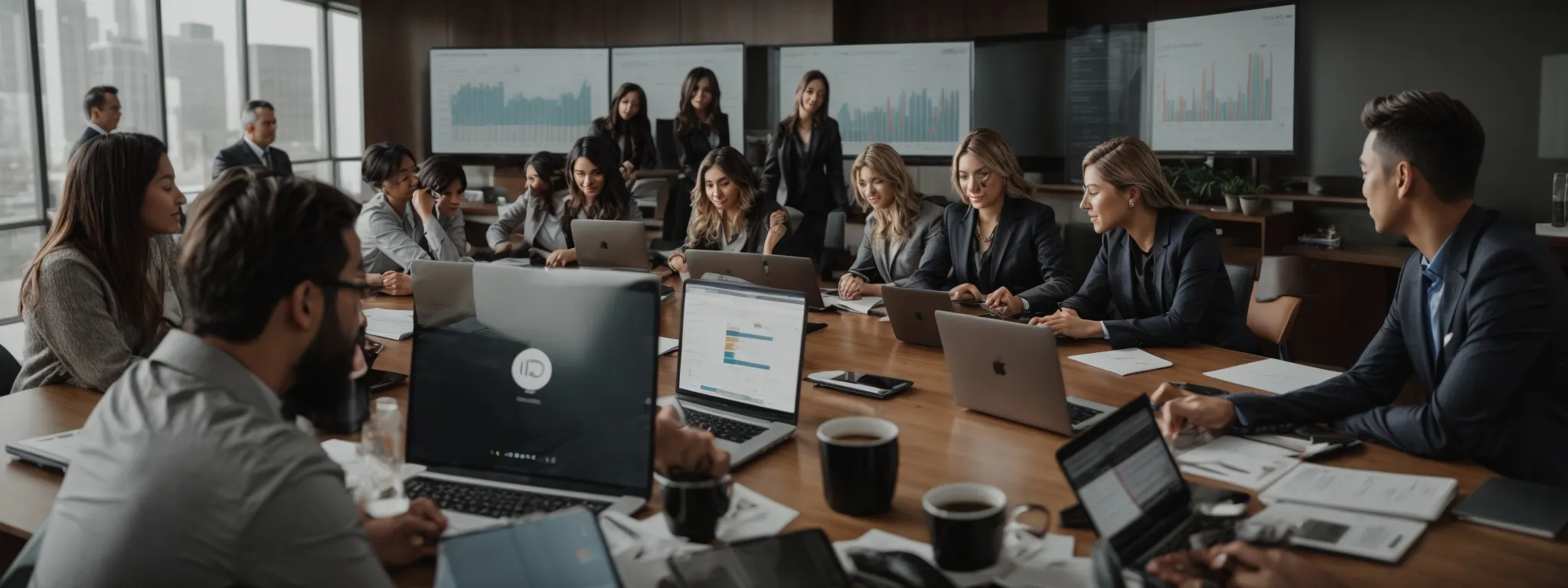 a digital marketing team gathers around a conference table, engaged in a strategic planning session with laptops open and graphs on display.