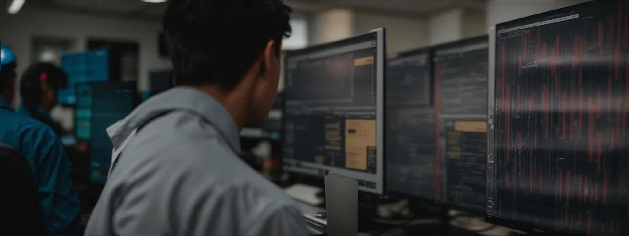 a web designer intently selects hyperlinked text on a computer screen within an office environment.