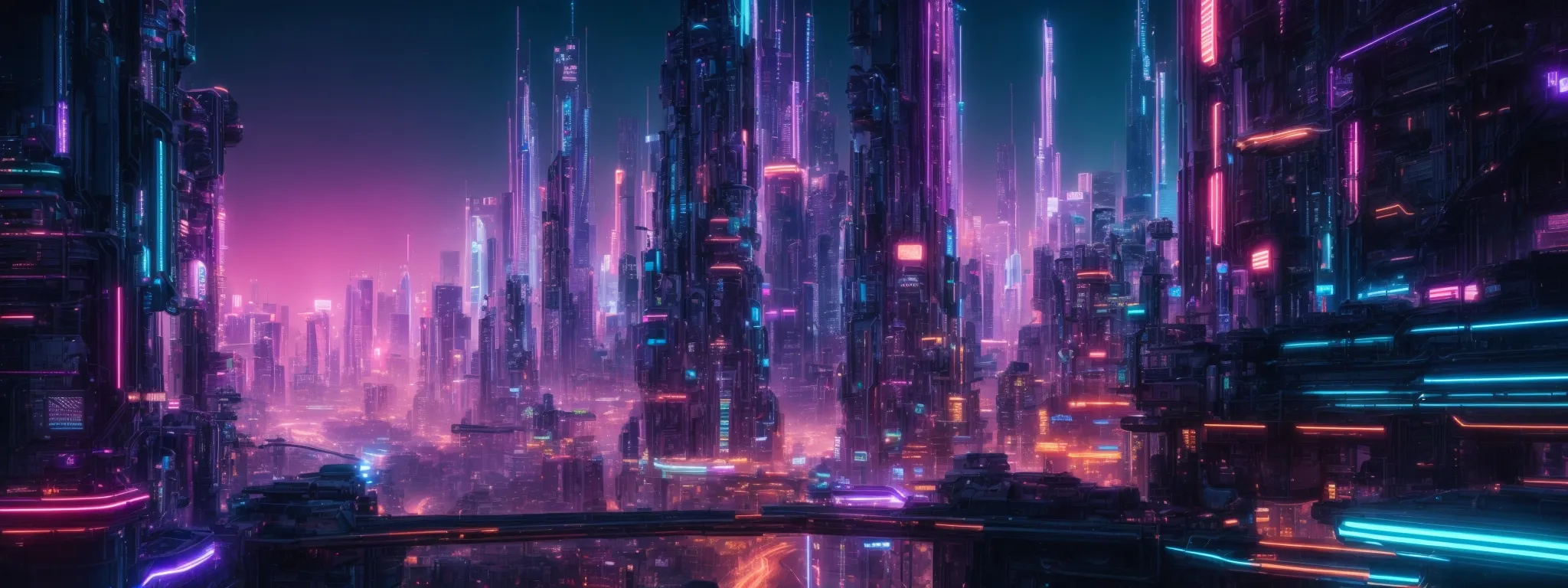A futuristic cityscape with tall skyscrapers illuminated by vibrant neon pink, blue, and purple lights under a night sky.